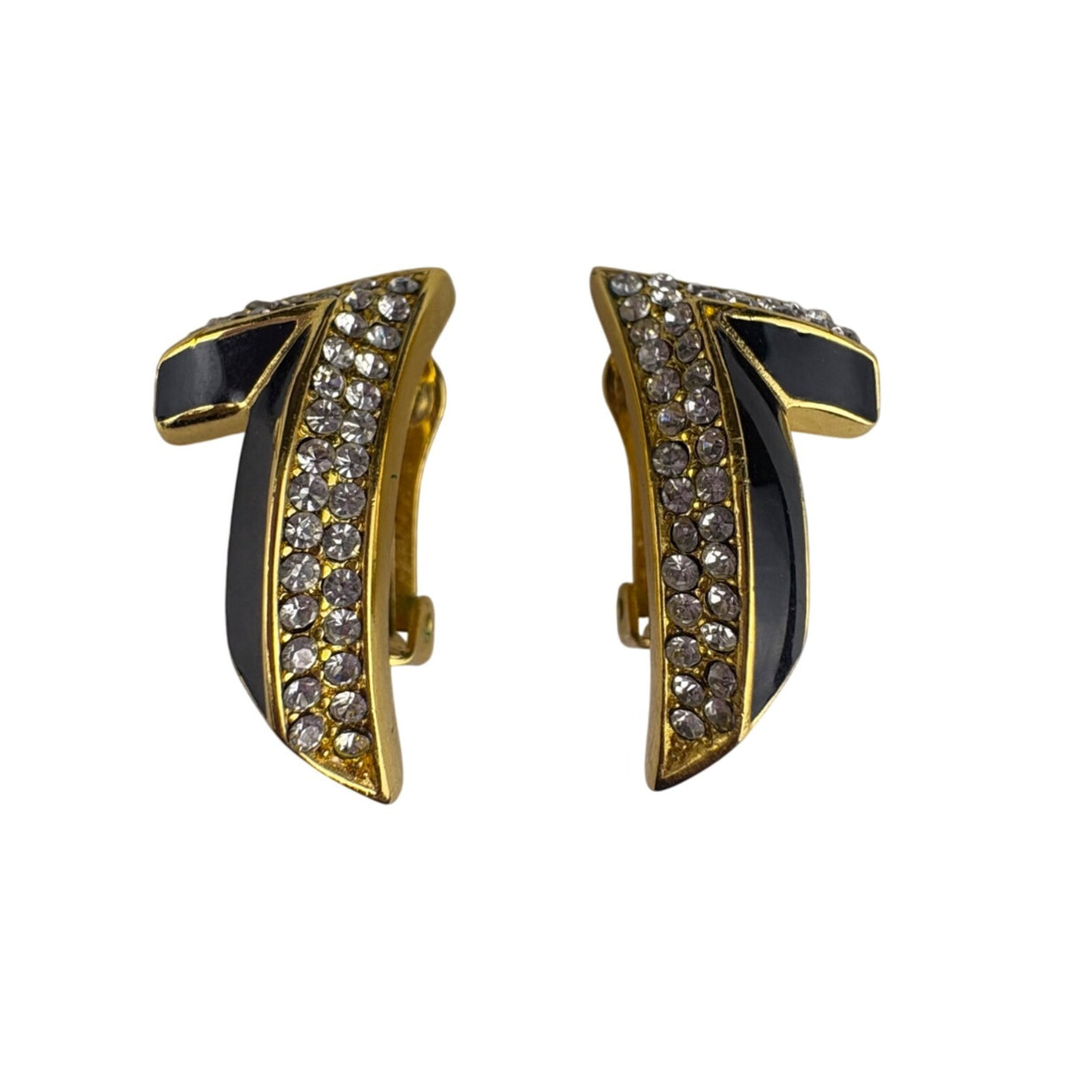 Christian Dior Women’s Gold Tone Black Rhinestone Clip-On Earrings Fashion Jewelry