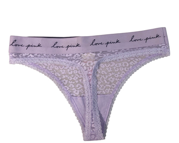 Victorias Secret Pink Lace Thong Panties Lavender Leopard Print Womens Sz M -NEW