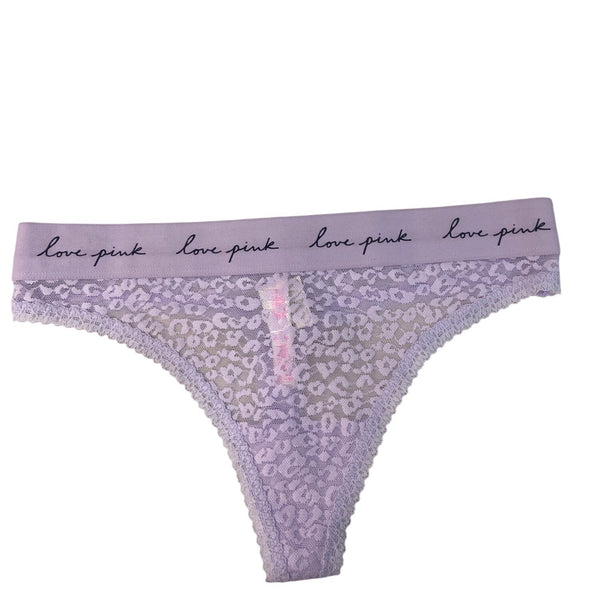 Victorias Secret Pink Lace Thong Panties Lavender Leopard Print Womens Sz M -NEW
