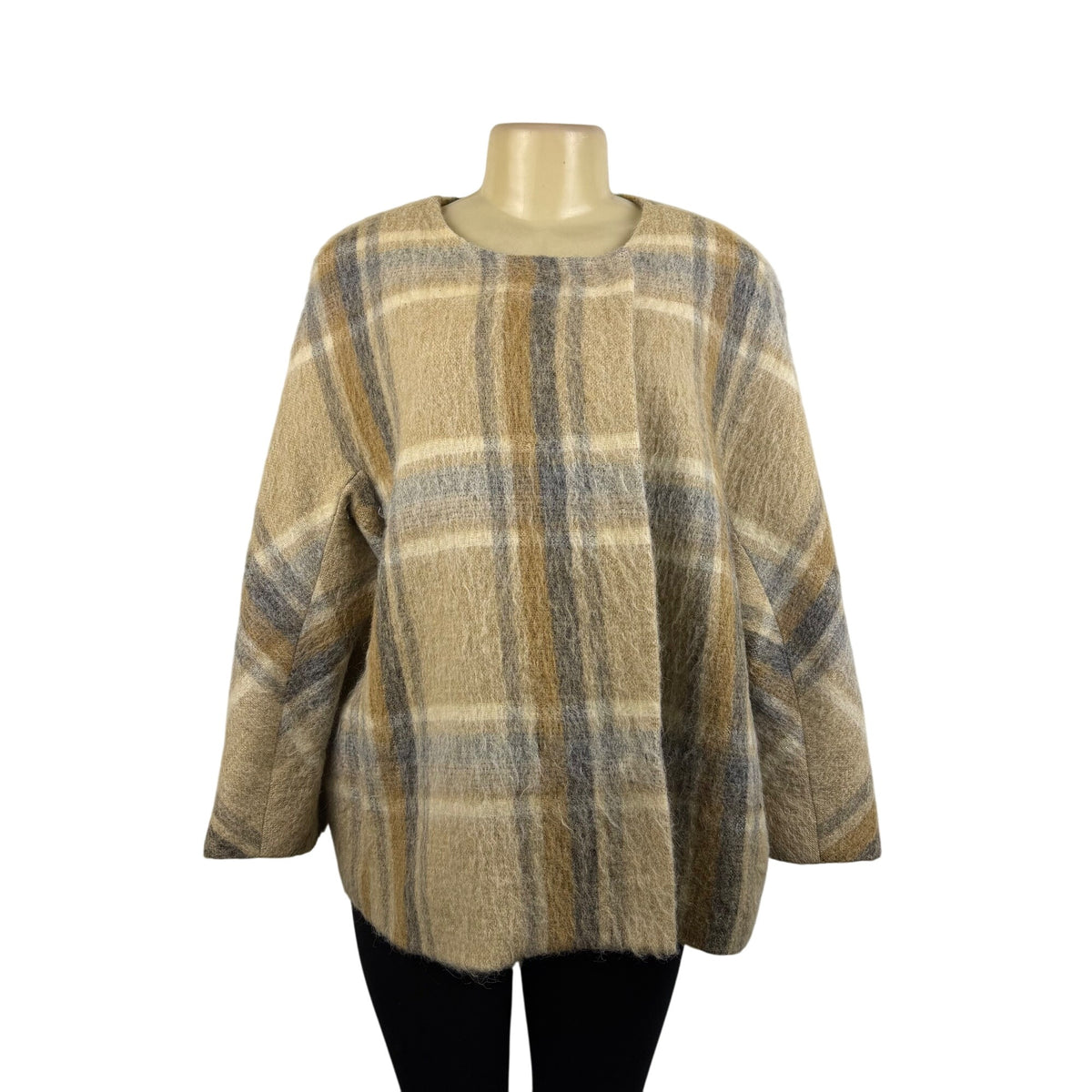 Talbots Women’s Beige & Gray Wool-Alpaca Blend Plaid Open-Front Sweater Size 16W