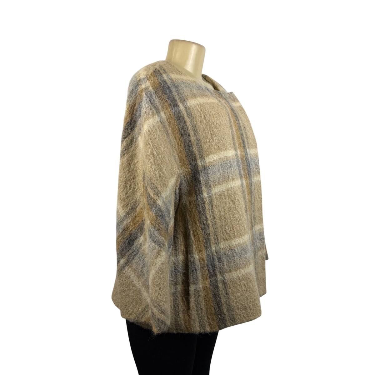 Talbots Women’s Beige & Gray Wool-Alpaca Blend Plaid Open-Front Sweater Size 16W