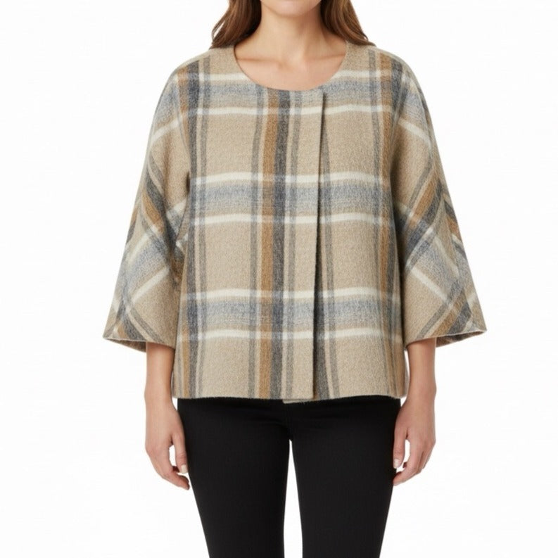 Talbots Women’s Beige & Gray Wool-Alpaca Blend Plaid Open-Front Sweater Size 16W