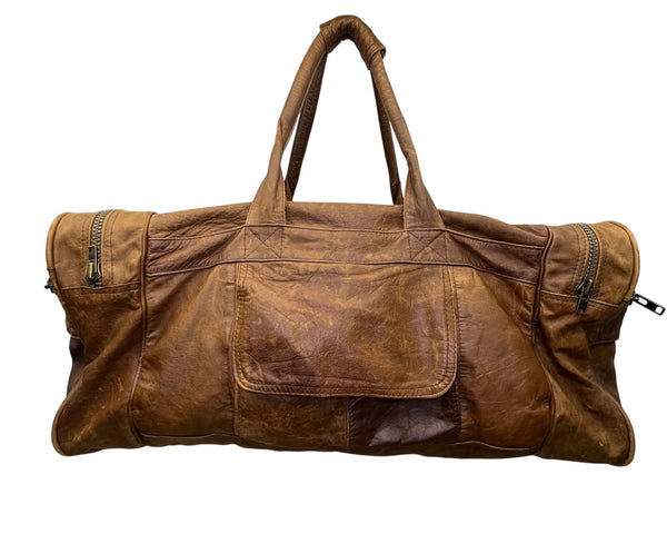 Handcrafted Brown Leather With Zippered Compartments Traveling Duffel Bag Sz XL