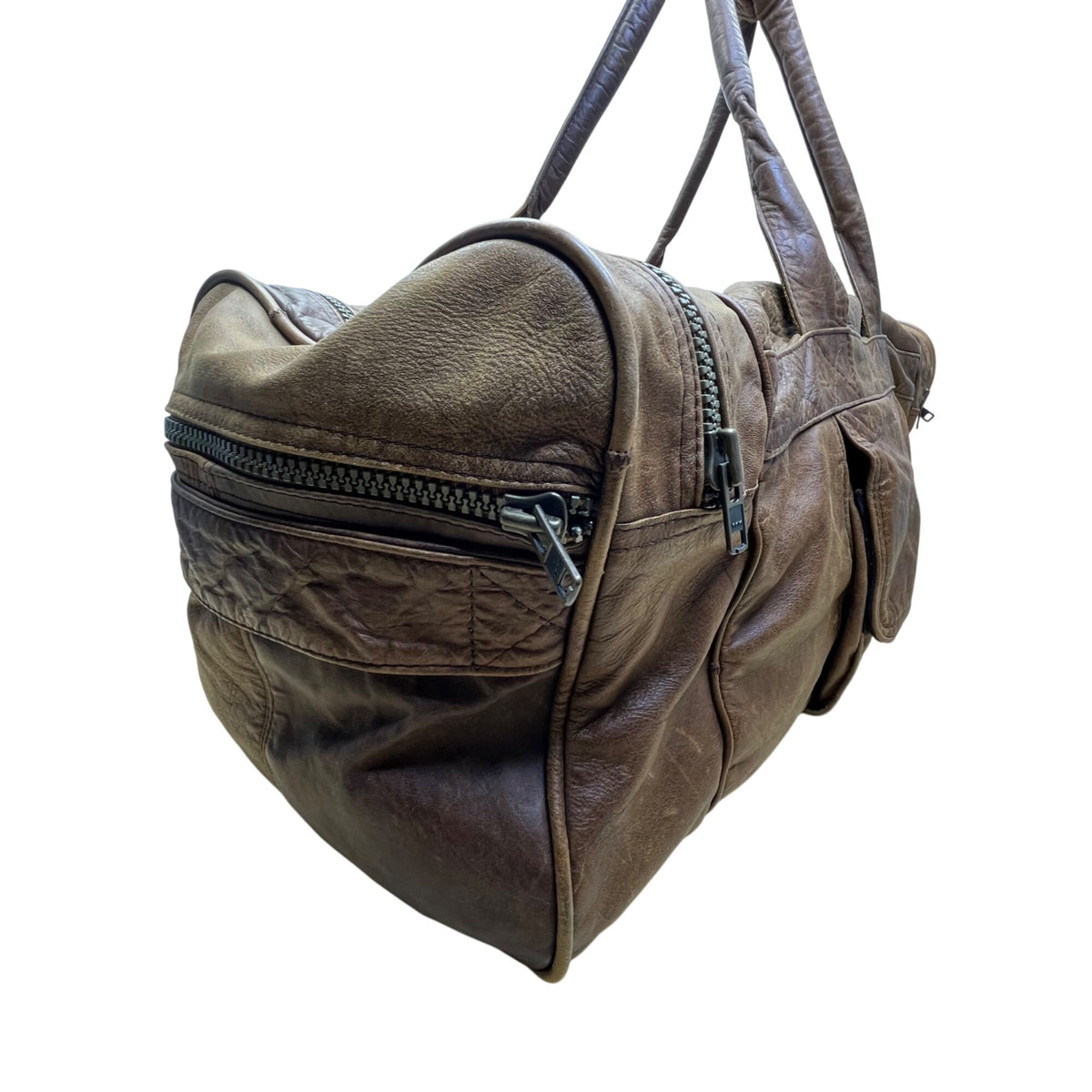Handcrafted Brown Leather With Zippered Compartments Traveling Duffel Bag Sz XL