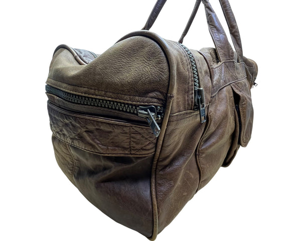 Handcrafted Brown Leather With Zippered Compartments Traveling Duffel Bag Sz XL