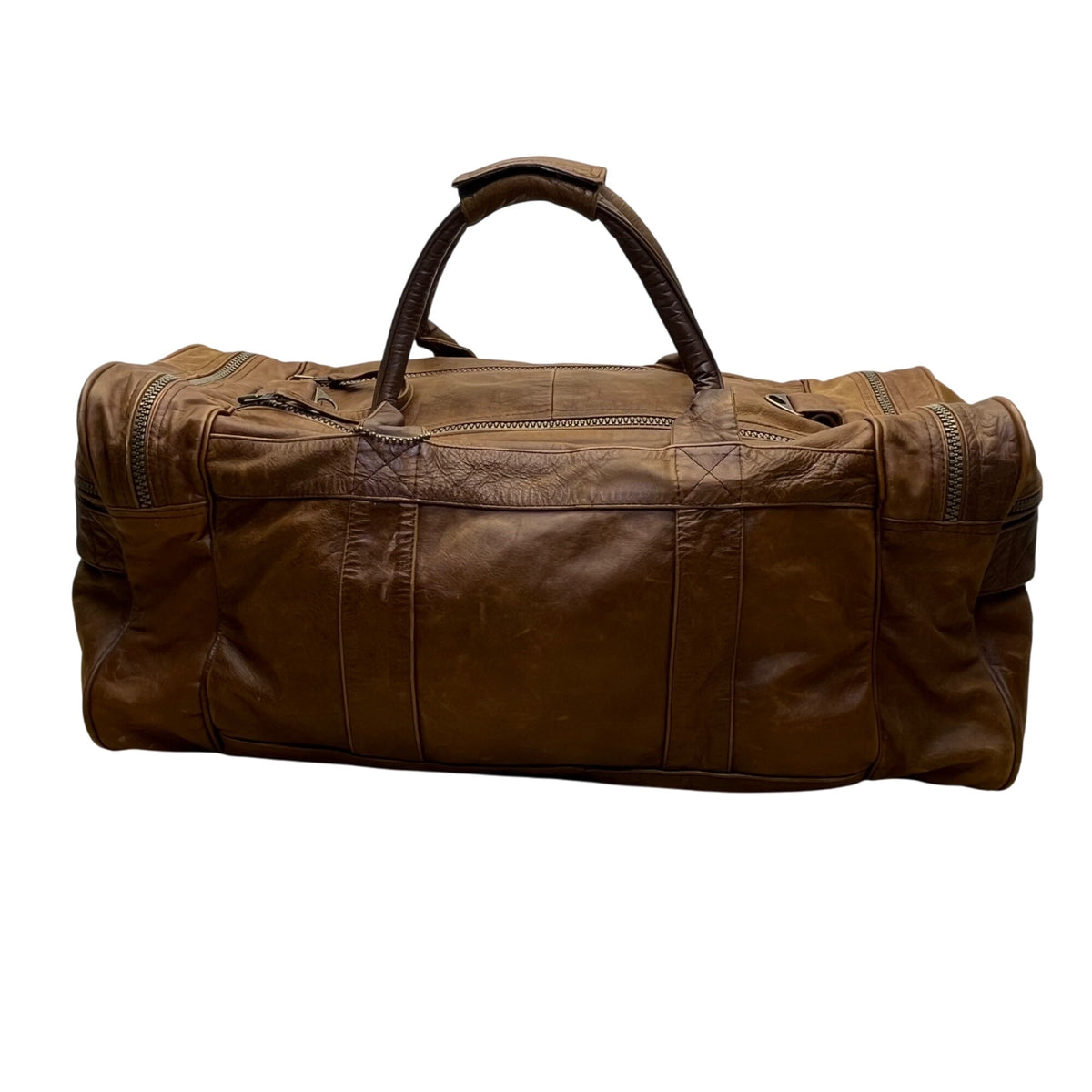 Handcrafted Brown Leather With Zippered Compartments Traveling Duffel Bag Sz XL