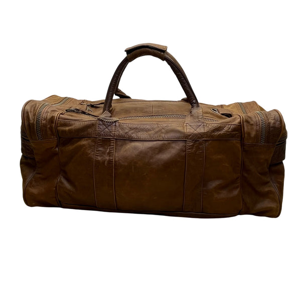 Handcrafted Brown Leather With Zippered Compartments Traveling Duffel Bag Sz XL