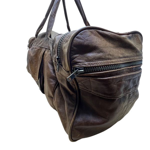 Handcrafted Brown Leather With Zippered Compartments Traveling Duffel Bag Sz XL