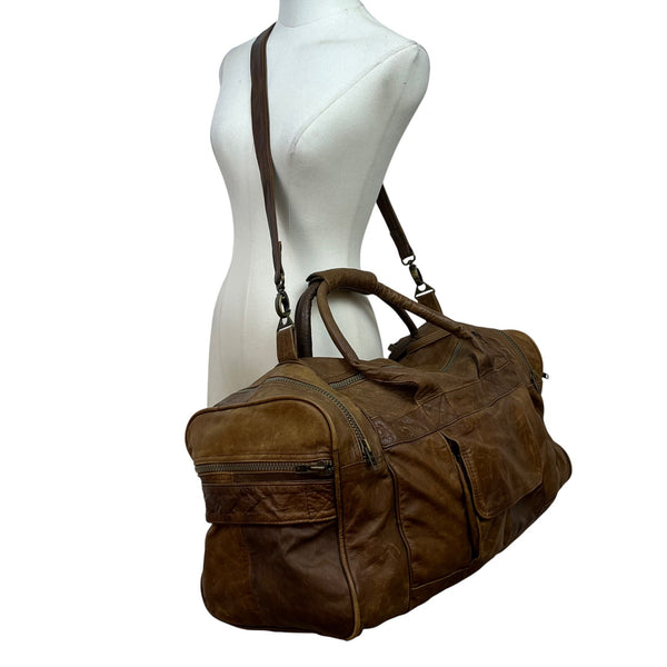 Handcrafted Brown Leather With Zippered Compartments Traveling Duffel Bag Sz XL