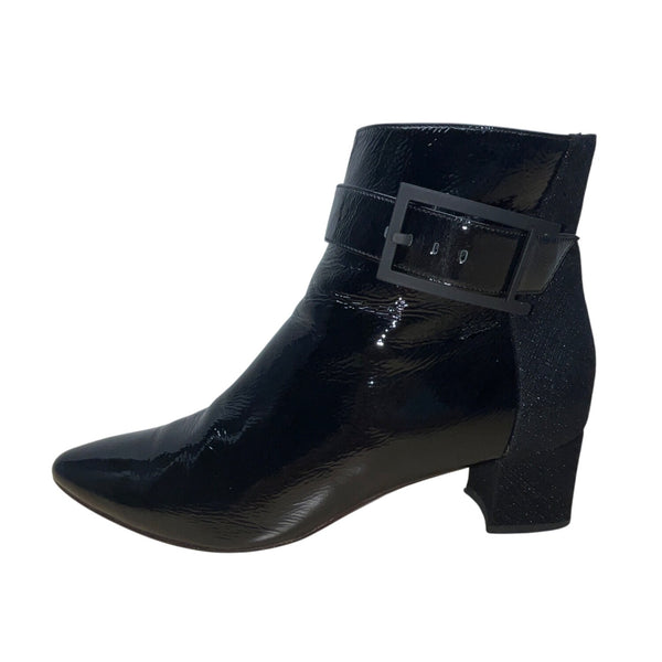 Aquatalia Black Patent Leather With Side Zipper Pointed Toe Ankle Boots Sz 9