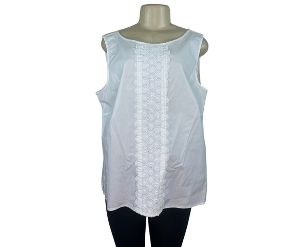 Talbots Womens White Sleeveless Zip Up Top with Embroidered Front Panel Size 18W