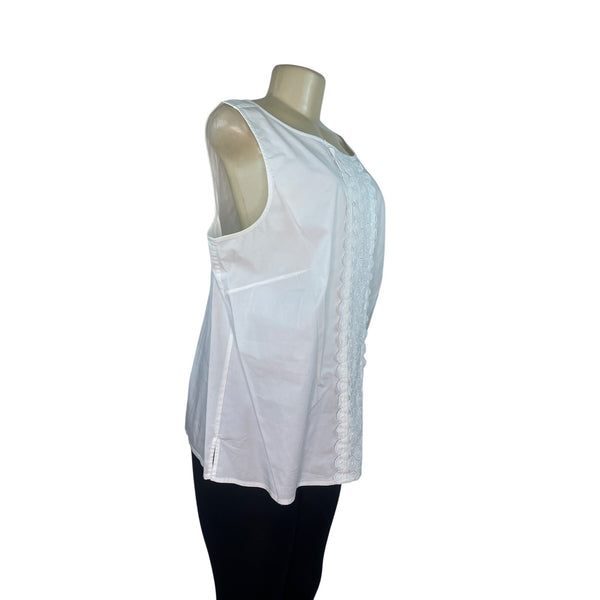 Talbots Womens White Sleeveless Zip Up Top with Embroidered Front Panel Size 18W
