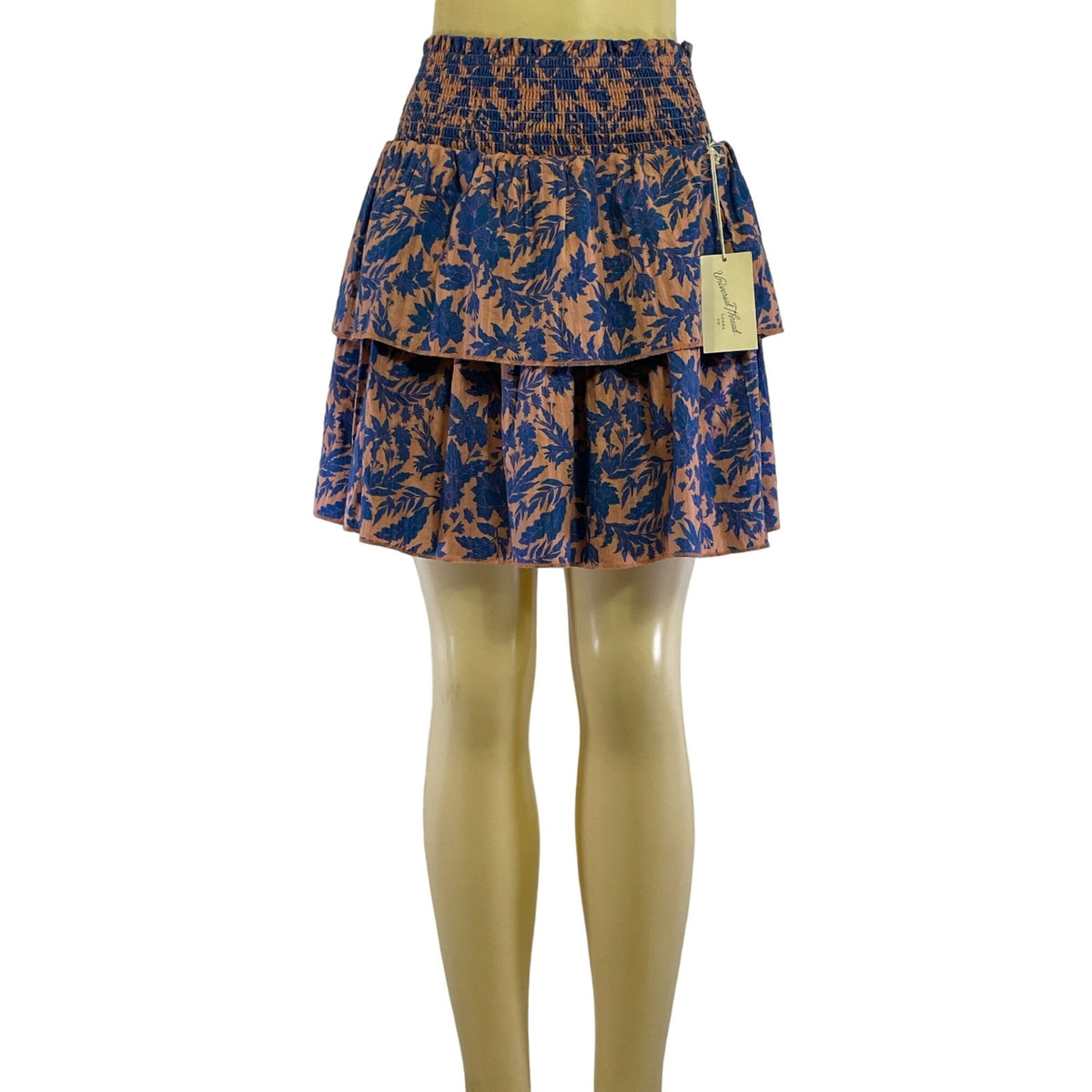 Universal Thread Floral Tiered Skirt Smocked Waist Multi-Layered Design Womens Size S 100% Cotton Blue & Orange New