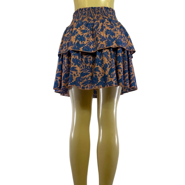 Universal Thread Floral Tiered Skirt Smocked Waist Multi-Layered Design Womens Size S 100% Cotton Blue & Orange New