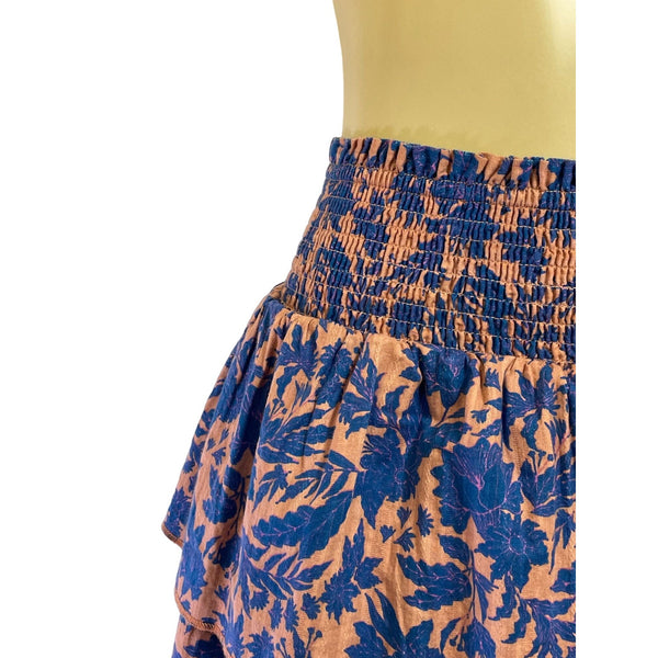 Universal Thread Floral Tiered Skirt Smocked Waist Multi-Layered Design Womens Size S 100% Cotton Blue & Orange New