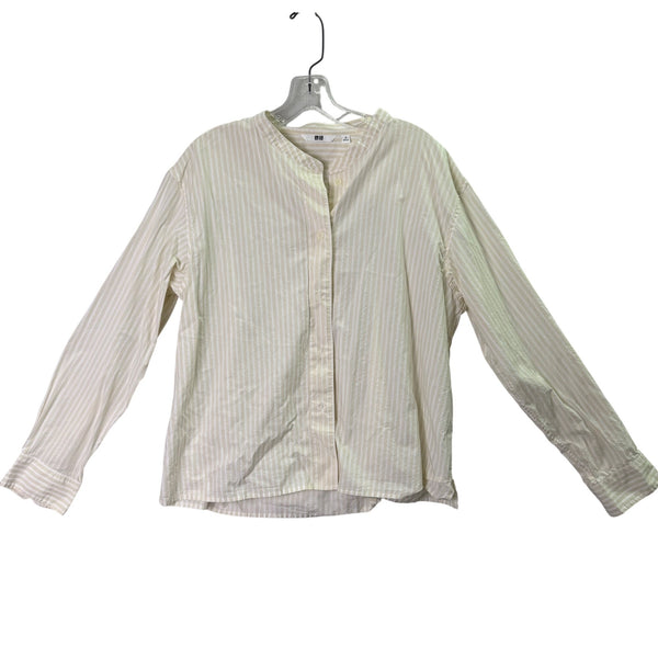 Uniqlo Womens Beige Cotton Striped Long Sleeve Button-Up Shirt Size M Lightweight