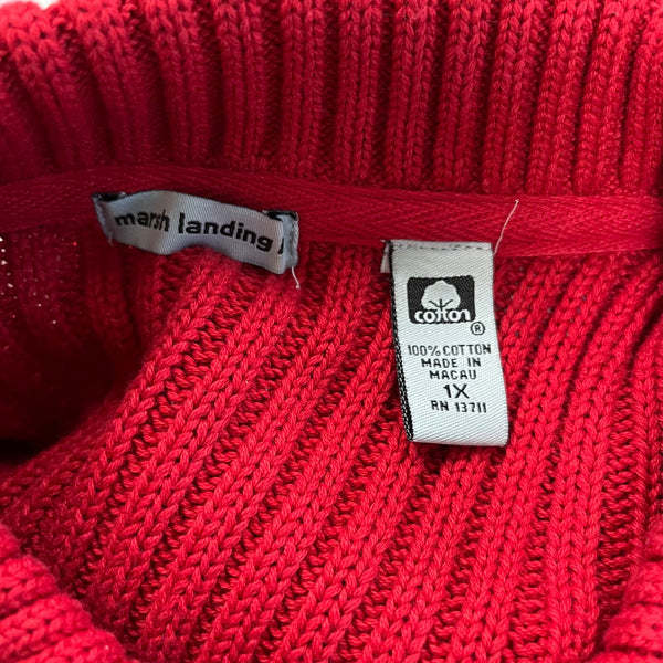 Marsh Landing Womens Red & Denim Cotton Knit Zip Front Jacket Size 1X