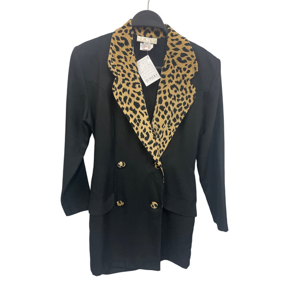 Cache Cache Black Blazer With Leopard Print Collar & Gold Buttons Sz 4