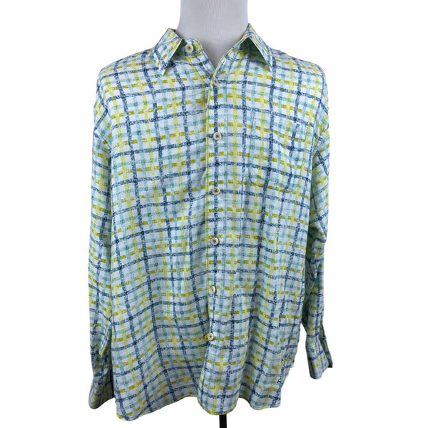 Tommy Bahama Men's Green Plaid Relaxed Linen Button Up Shirt Shirt Sz XL