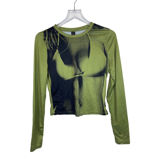 Shein Womens Green Graphic Long-Sleeve Crop Top Size Large Modern Design Lightweight