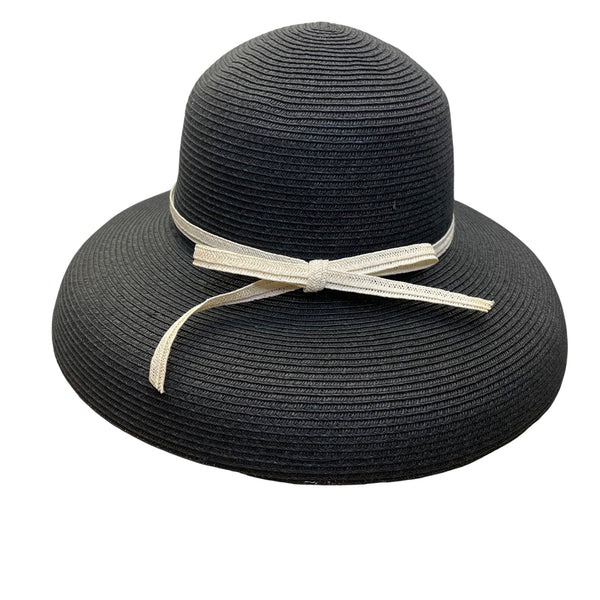 Vintage White House Black Market Womens Black & Beige Wide Brim Paper Straw Floppy Hat OS