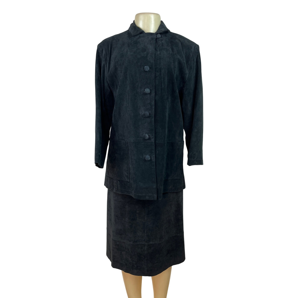 Vintage Stan Herman Black Suede Two-Piece Skirt Set Jacket & Midi Skirt Size L