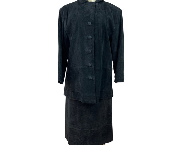 Vintage Stan Herman Black Suede Two-Piece Skirt Set Jacket & Midi Skirt Size L