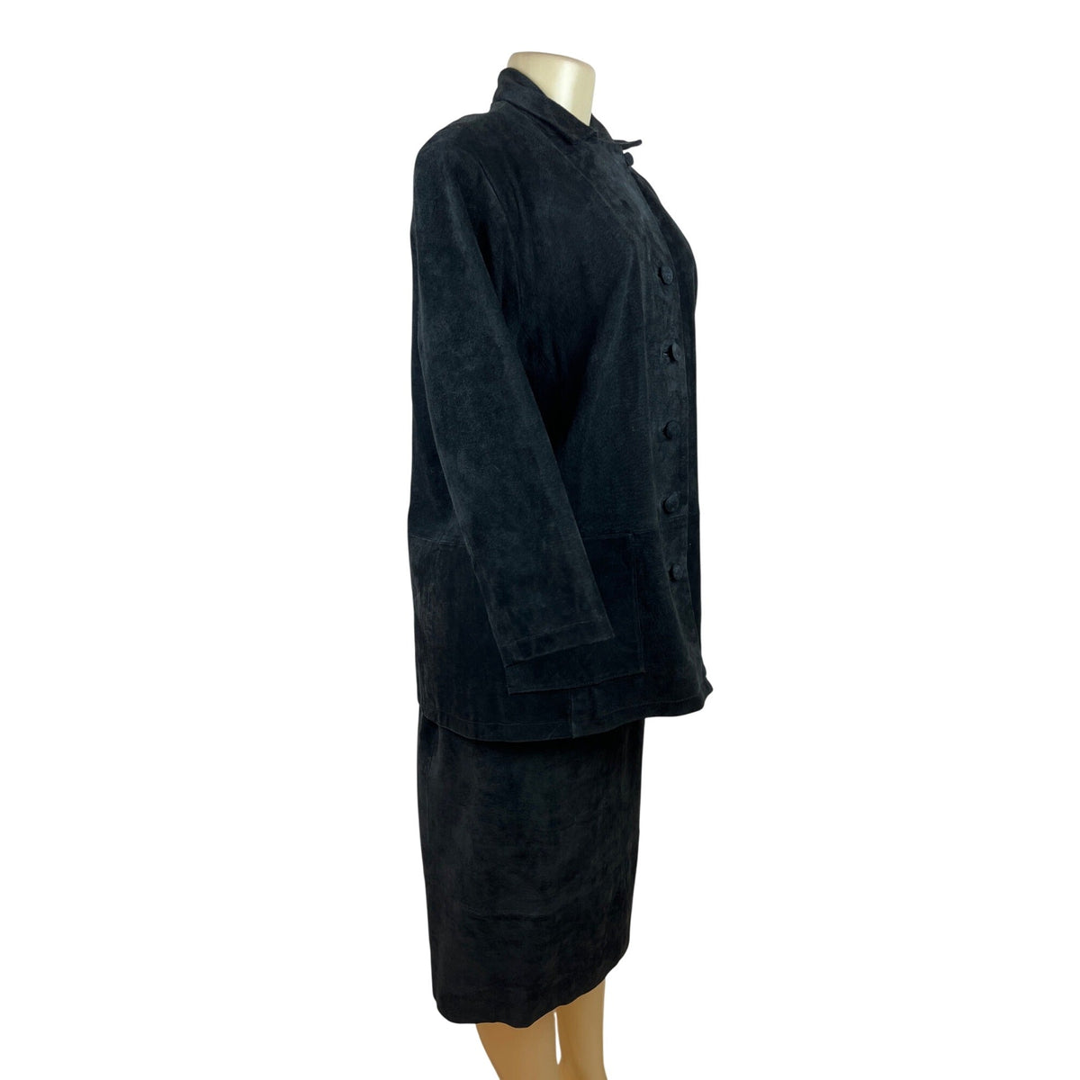 Vintage Stan Herman Black Suede Two-Piece Skirt Set Jacket & Midi Skirt Size L