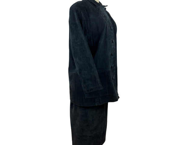 Vintage Stan Herman Black Suede Two-Piece Skirt Set Jacket & Midi Skirt Size L