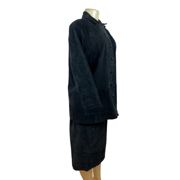 Vintage Stan Herman Black Suede Two-Piece Skirt Set Jacket & Midi Skirt Size L
