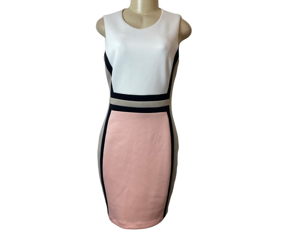 Calvin Klein Womens Colorblock Sleeveless Sheath Dress White/Pink/Beige Size 10