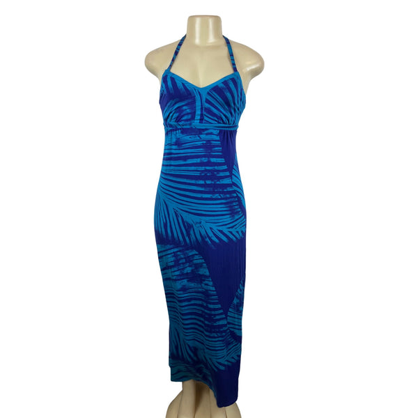 Womens Halter Maxi Dress Blue Tropical Print Sleeveless Sz XXS