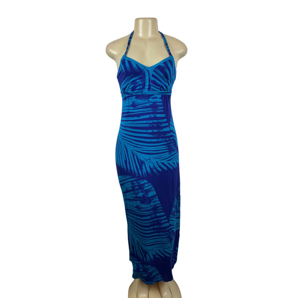 Womens Halter Maxi Dress Blue Tropical Print Sleeveless Sz XXS