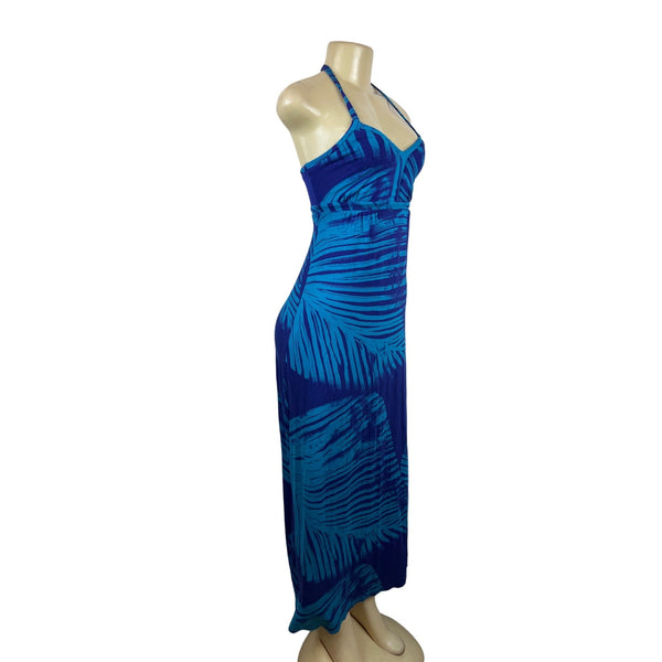 Womens Halter Maxi Dress Blue Tropical Print Sleeveless Sz XXS