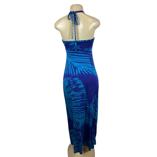 Womens Halter Maxi Dress Blue Tropical Print Sleeveless Sz XXS