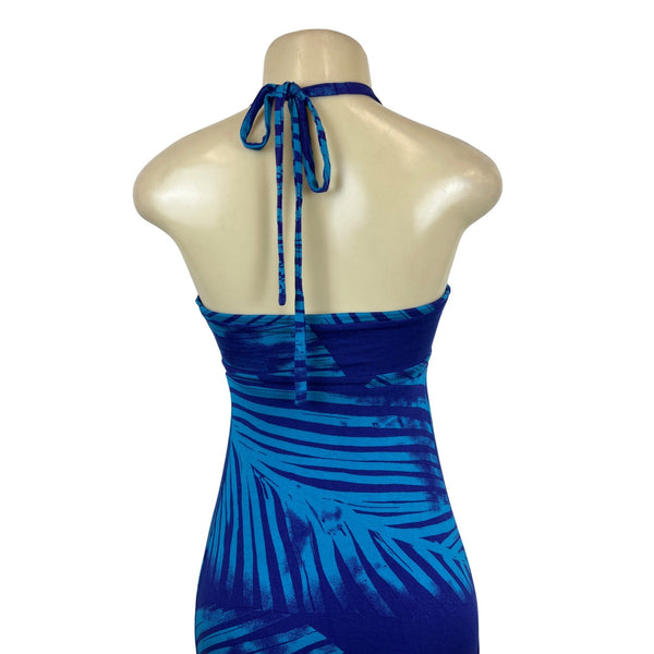 Womens Halter Maxi Dress Blue Tropical Print Sleeveless Sz XXS