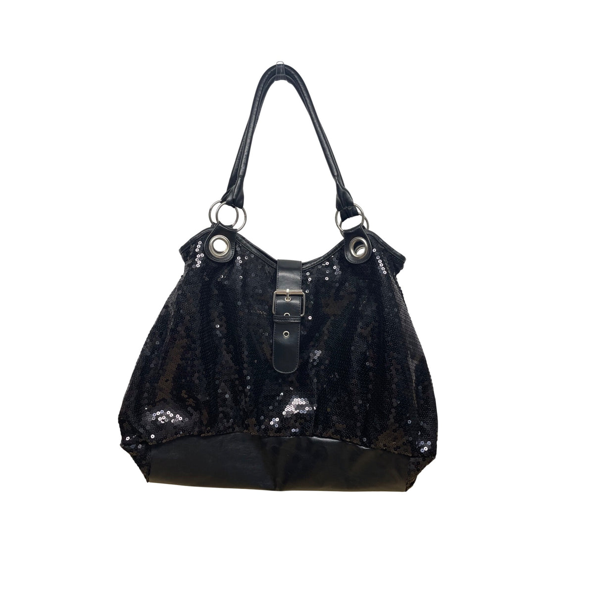 Black Sequin Womens Tote Purse With Ring Handles & Leather-Look Accents Spacious
