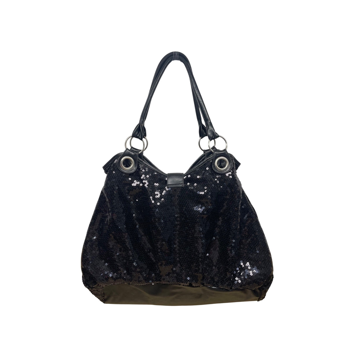 Black Sequin Womens Tote Purse With Ring Handles & Leather-Look Accents Spacious