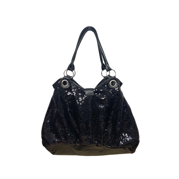Black Sequin Womens Tote Purse With Ring Handles & Leather-Look Accents Spacious