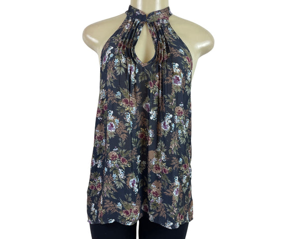 Ro & De Womens Floral Sleeveless Halter Blouse Top Keyhole Neck XS