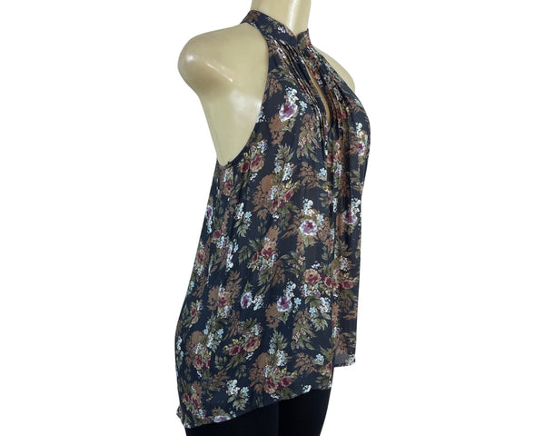 Ro & De Womens Floral Sleeveless Halter Blouse Top Keyhole Neck XS