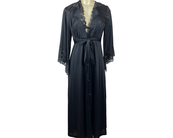Vintage Jolie Black Lace Trimmed  Robe With Tie Waist & Wide Sleeves Sz S