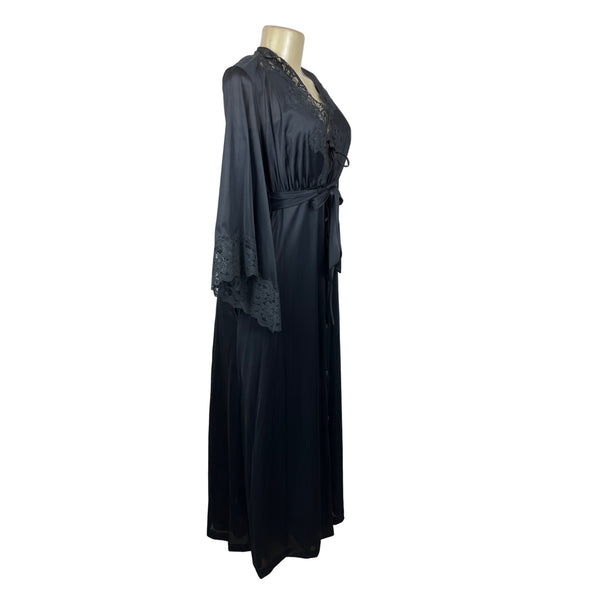 Vintage Jolie Black Lace Trimmed  Robe With Tie Waist & Wide Sleeves Sz S