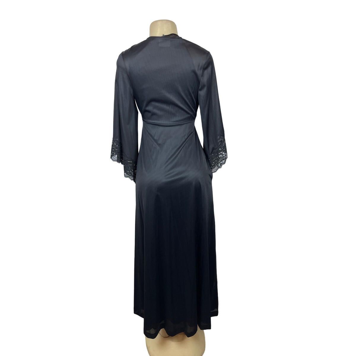 Vintage Jolie Black Lace Trimmed  Robe With Tie Waist & Wide Sleeves Sz S
