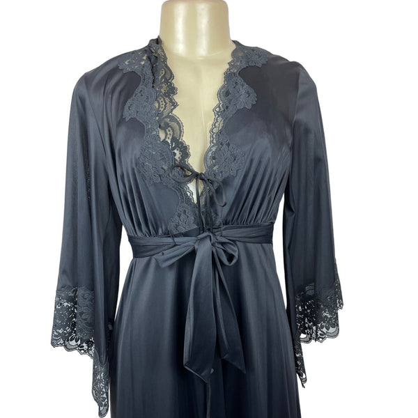 Vintage Jolie Black Lace Trimmed  Robe With Tie Waist & Wide Sleeves Sz S