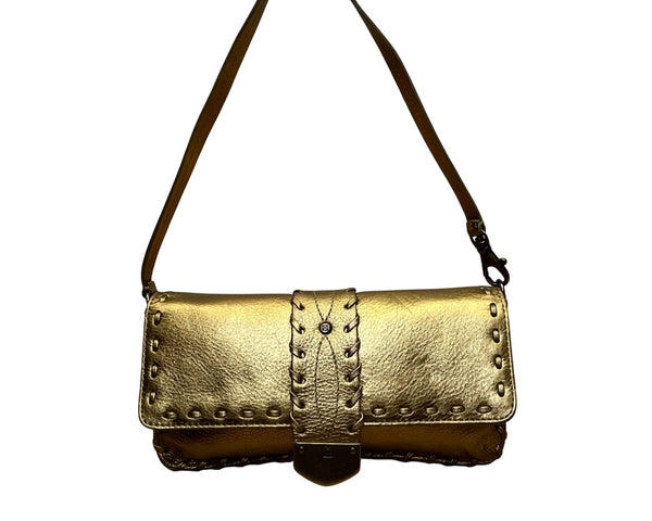 Michael Kors Women’s Gold Metallic Leather Stitch Detailing Shoulder Bag Size S