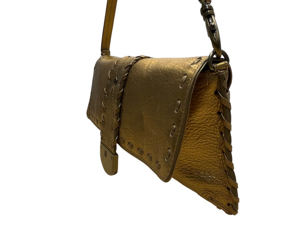 Michael Kors Women’s Gold Metallic Leather Stitch Detailing Shoulder Bag Size S