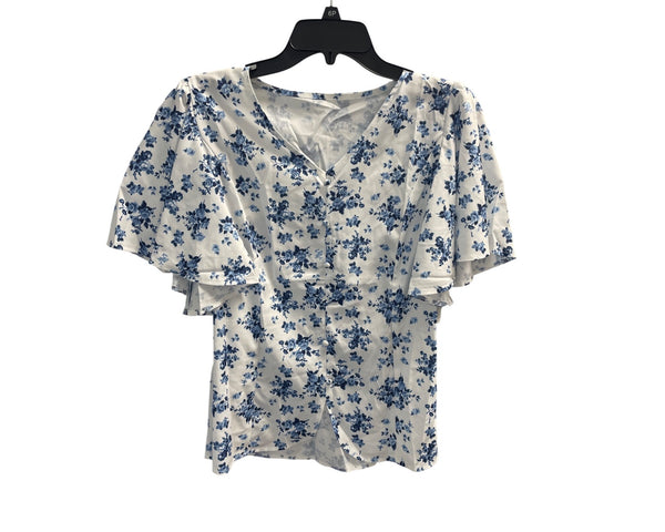 Floral Butterfly Sleeve Blouse For Women Blue/White Lightweight Polyester Size L