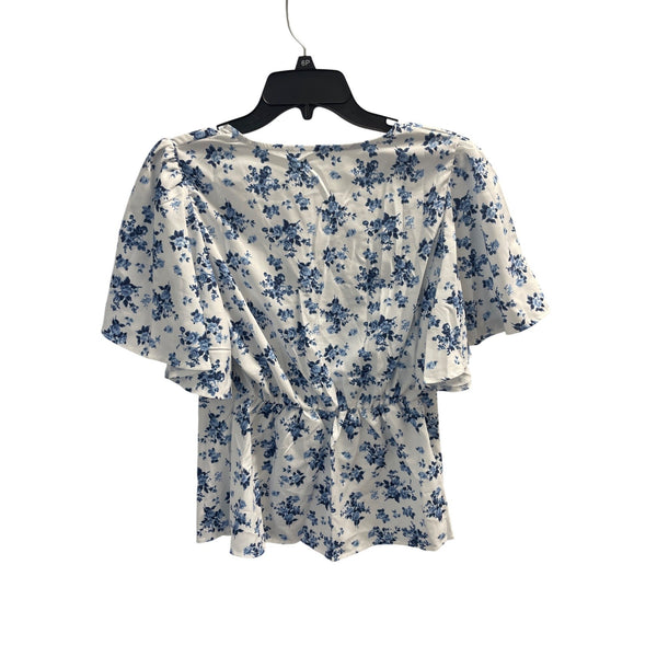Floral Butterfly Sleeve Blouse For Women Blue/White Lightweight Polyester Size L