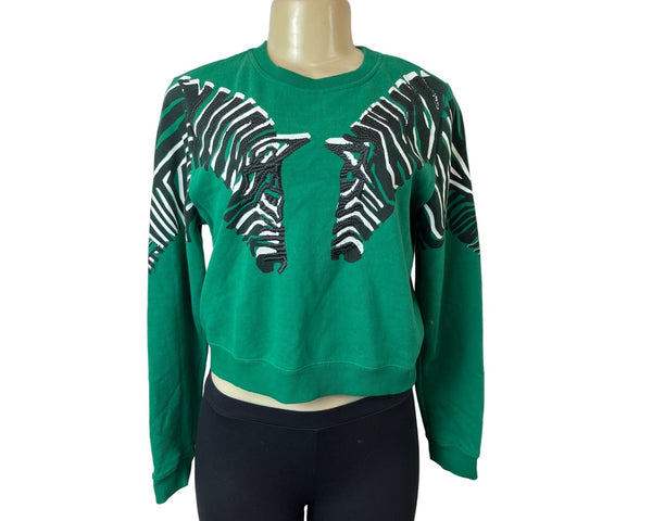 L.A. Hearts Women's Green Embroidered Zebra Sweatshirt Sz S